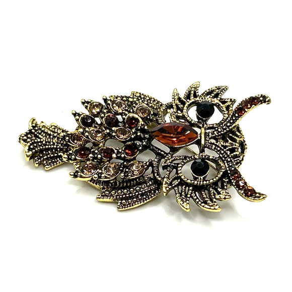 Owl Gold Tone Bronze Enamel And Rhinestone Accents Brooch Pin Unsigned NWOT - Picture 2 of 6
